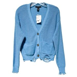 Forever 21 Distressed Cardigan Sweater Azure